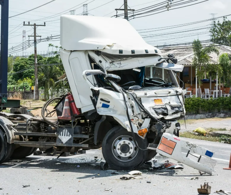 Commercial truck damaged in a roadway accident